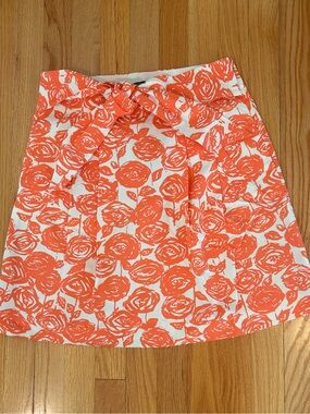 J. Crew Orange and White Floral A-Line Skirt with Front Tie